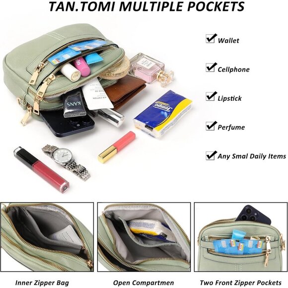 6-Pocket Crossbody Bags for Women Vegan Leather Handbags Light Green Travel Bag - Picture 5 of 7